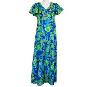 McInerny Hawaiian Maxi Dress Empire Waist Lime Green Floral Vintage 70s